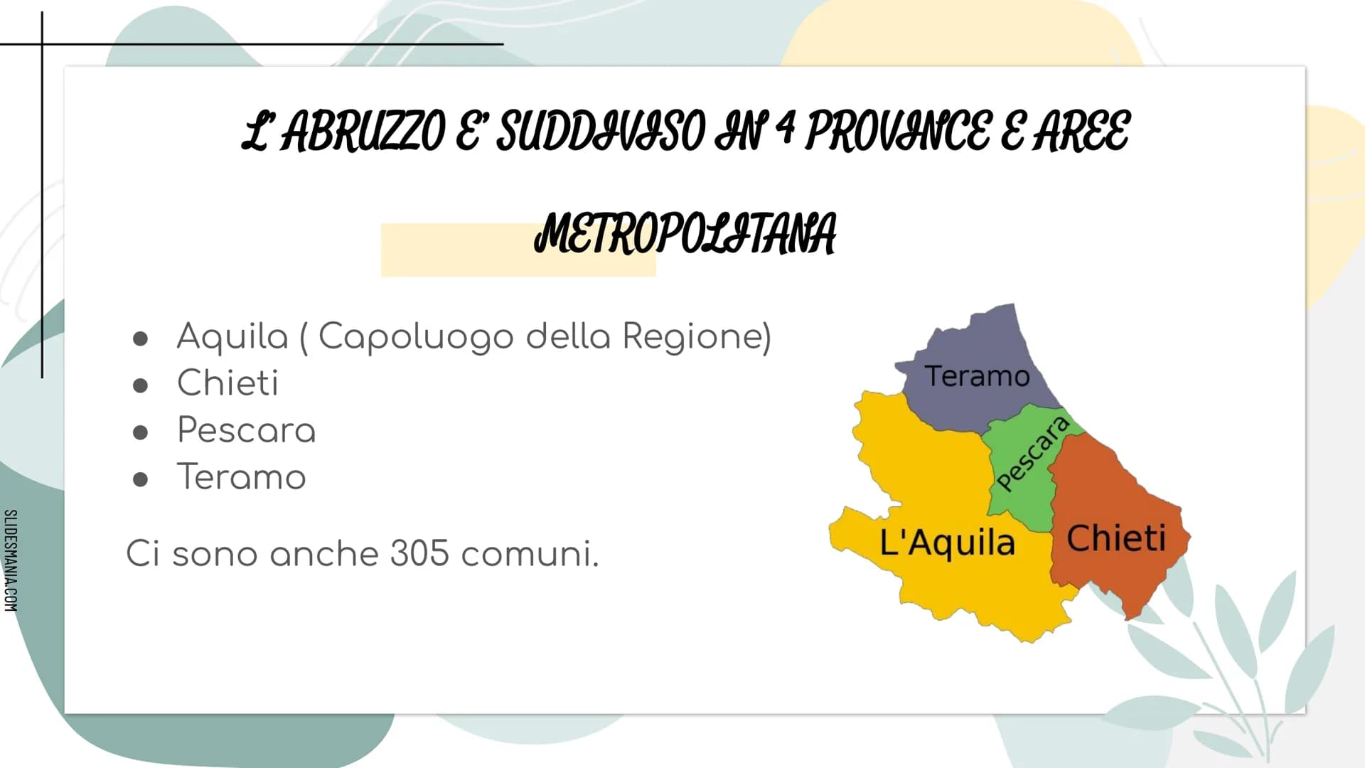 SLIDESHANIA.COM
278
LITERANE
MMMM
ALLA SCOPERTA DELL...
ABRUZZO SLIDESMANIA.COM
DOVE SI TROVA E CON CHI CONFINA
L'ABRUZZO?
L'Abruzzo confina