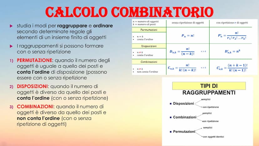 b
00 here
8
CALCOLO COMBINATORIO E PROBABILITA
b² CALCOLO COMBINATORIO
studia i modi per raggruppare e ordinare
secondo determinate regole g