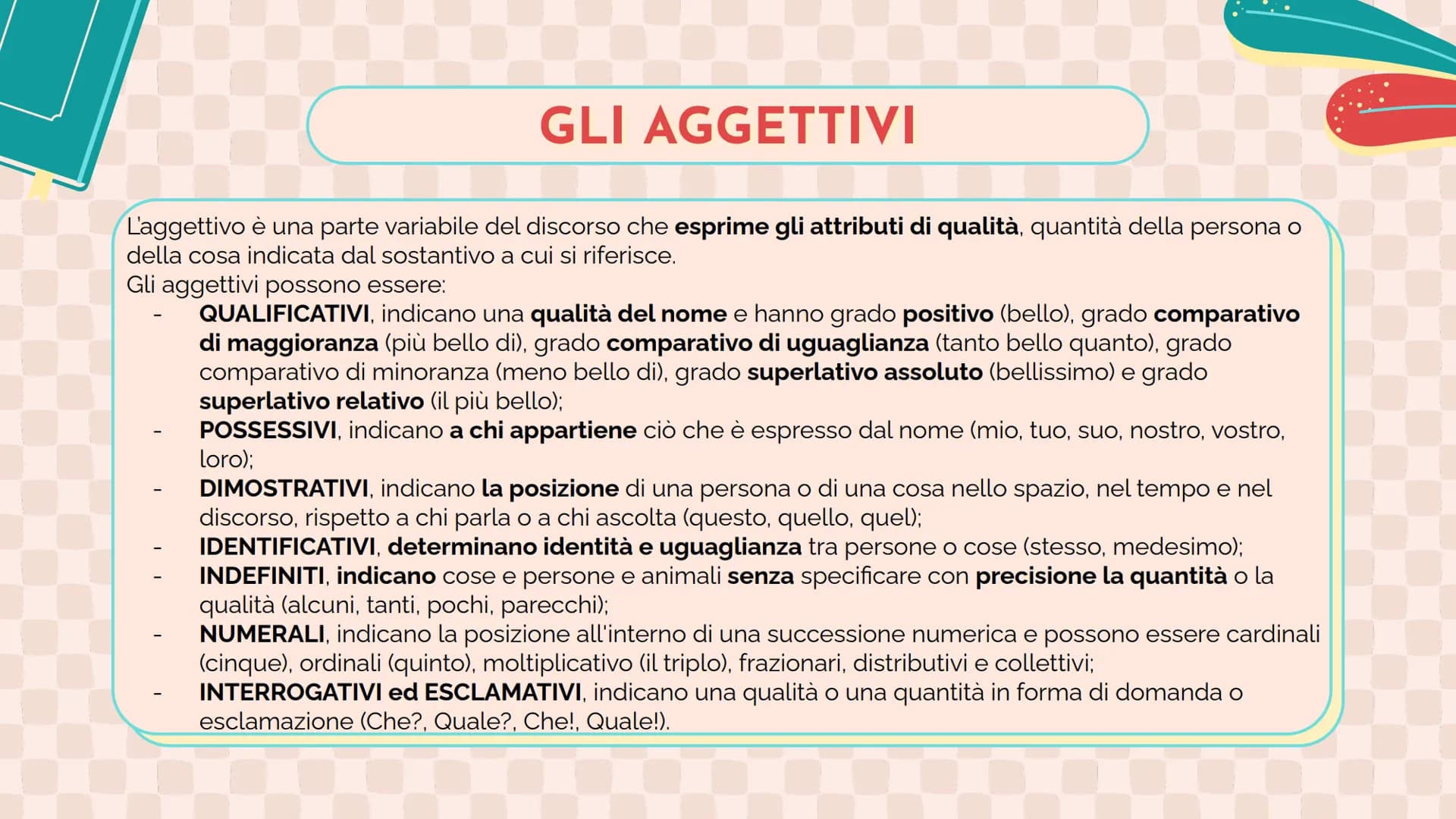 ANALISI
GRAMMATICALE LE PARTI DEL DISCORSO
01
60
02
PARTI VARIABILI
PARTI INVARIABILI V
01
LE PARTI VARIABILI
articoli, nomi, aggettivi, pro