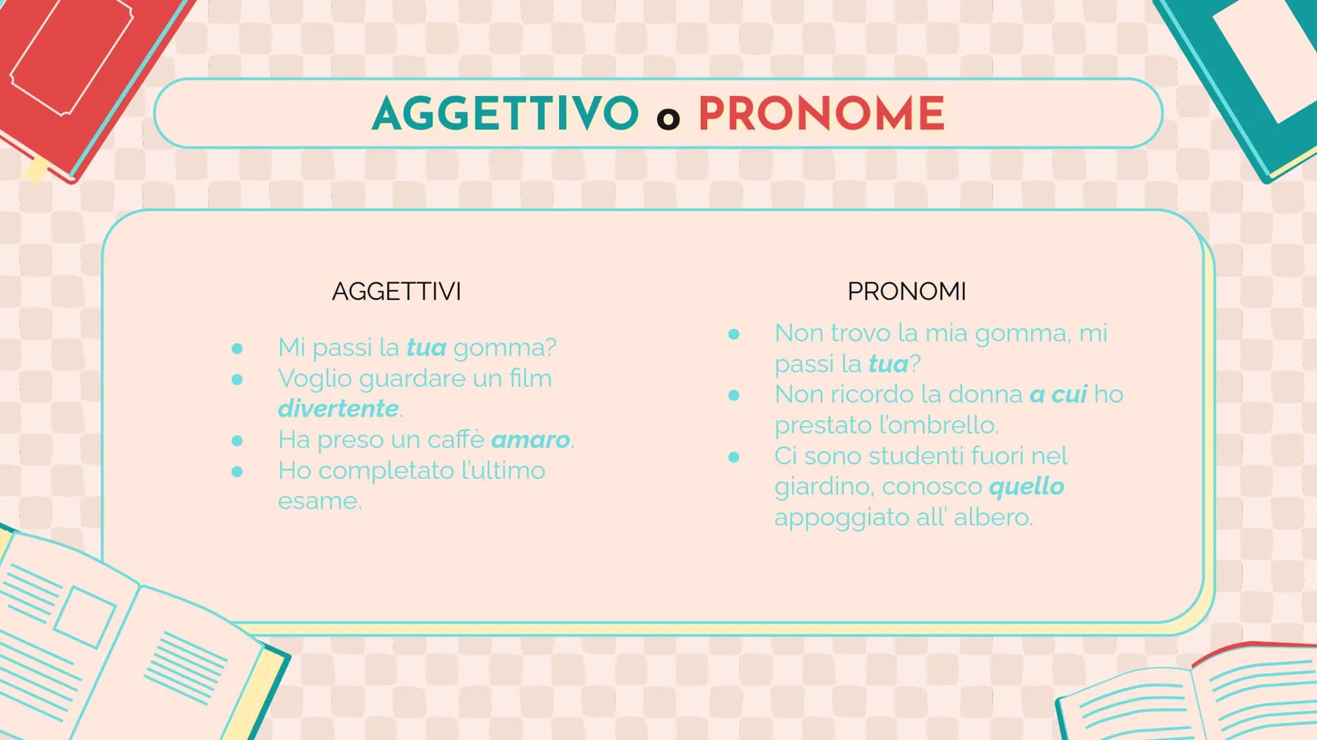 ANALISI
GRAMMATICALE LE PARTI DEL DISCORSO
01
60
02
PARTI VARIABILI
PARTI INVARIABILI V
01
LE PARTI VARIABILI
articoli, nomi, aggettivi, pro