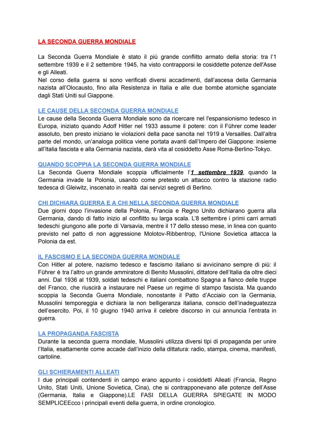 # LA SECONDA GUERRA MONDIALE

La Seconda Guerra Mondiale è stato il più grande conflitto armato della storia: tra l'1
settembre 1939 e il 2 