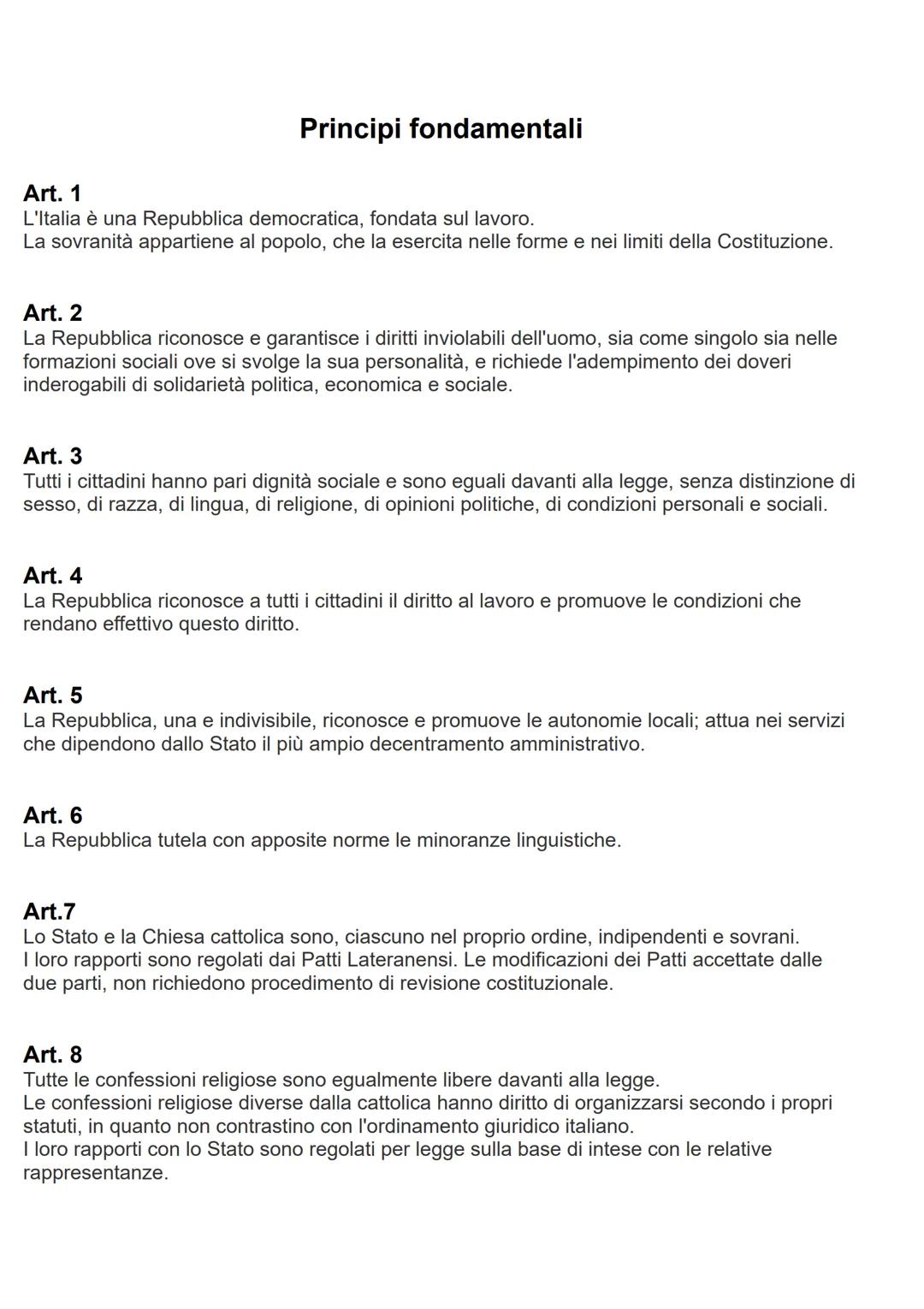 # Principi fondamentali

Art. 1
L'Italia è una Repubblica democratica, fondata sul lavoro.
La sovranità appartiene al popolo, che la esercit