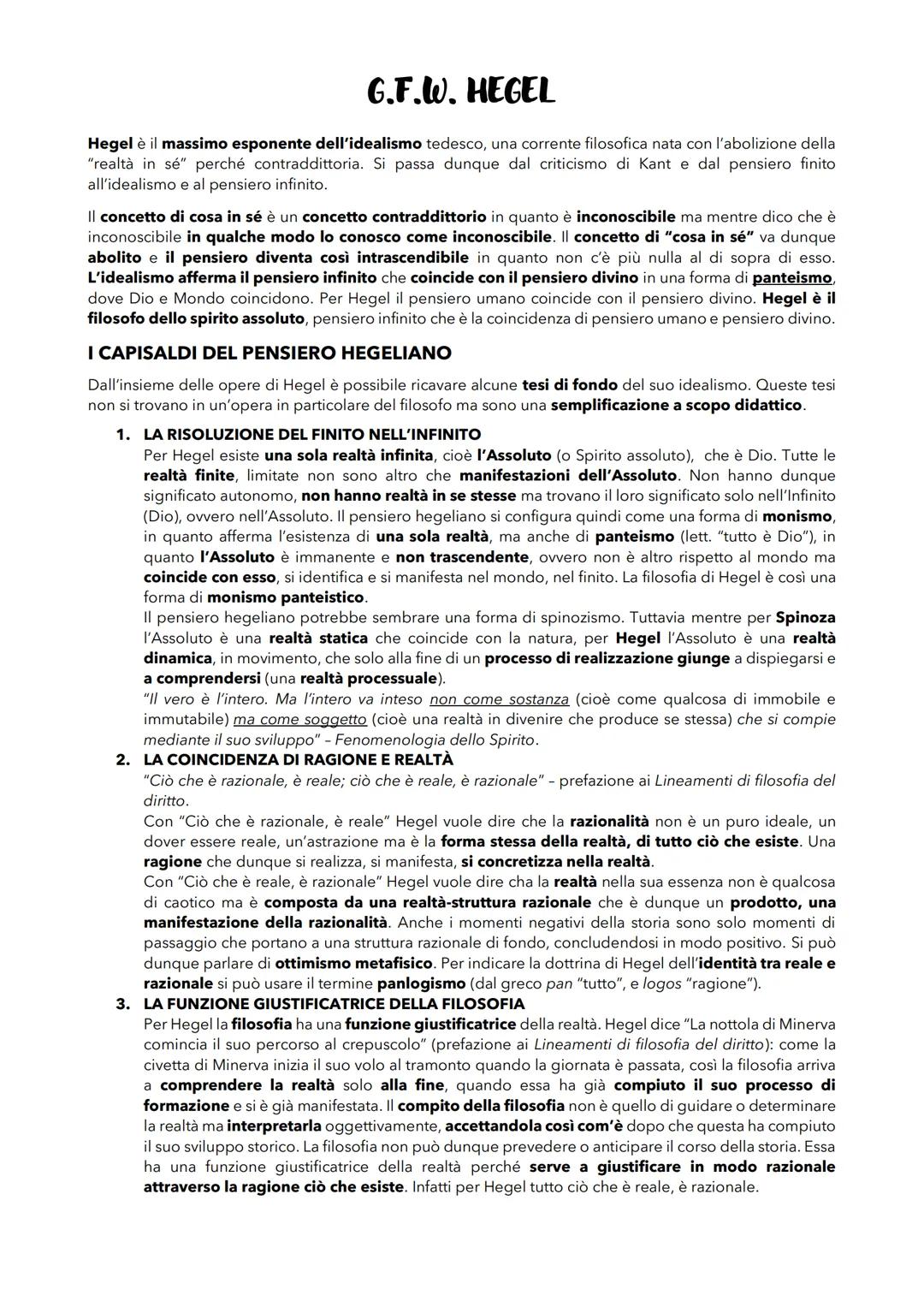 G.F.W. HEGEL
Hegel è il massimo esponente dell'idealismo tedesco, una corrente filosofica nata con l'abolizione della
"realtà in sé" perché 