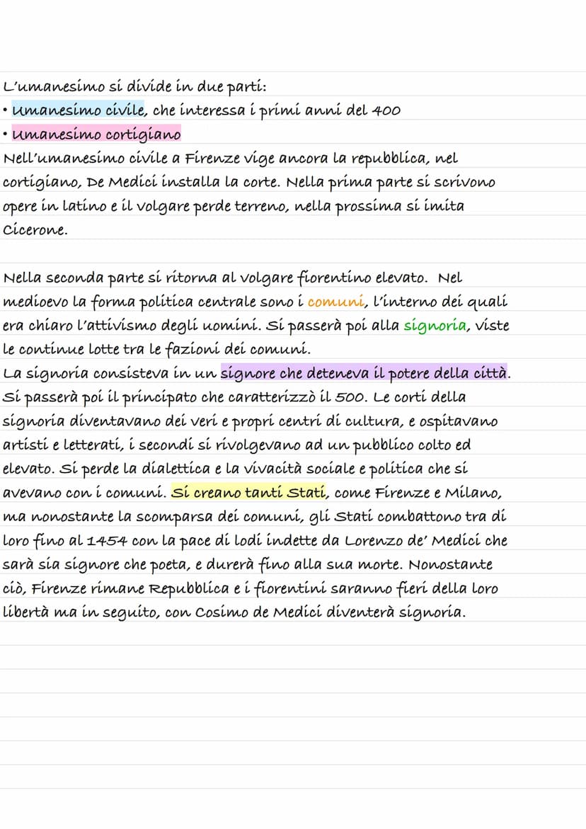 UMANESIMO
Inizia nel 1400 e si chiama "umanesimo" perché riprende le "Humanae
Litterae", dagli studi humanitatís. C'è un'attenzione molto fo