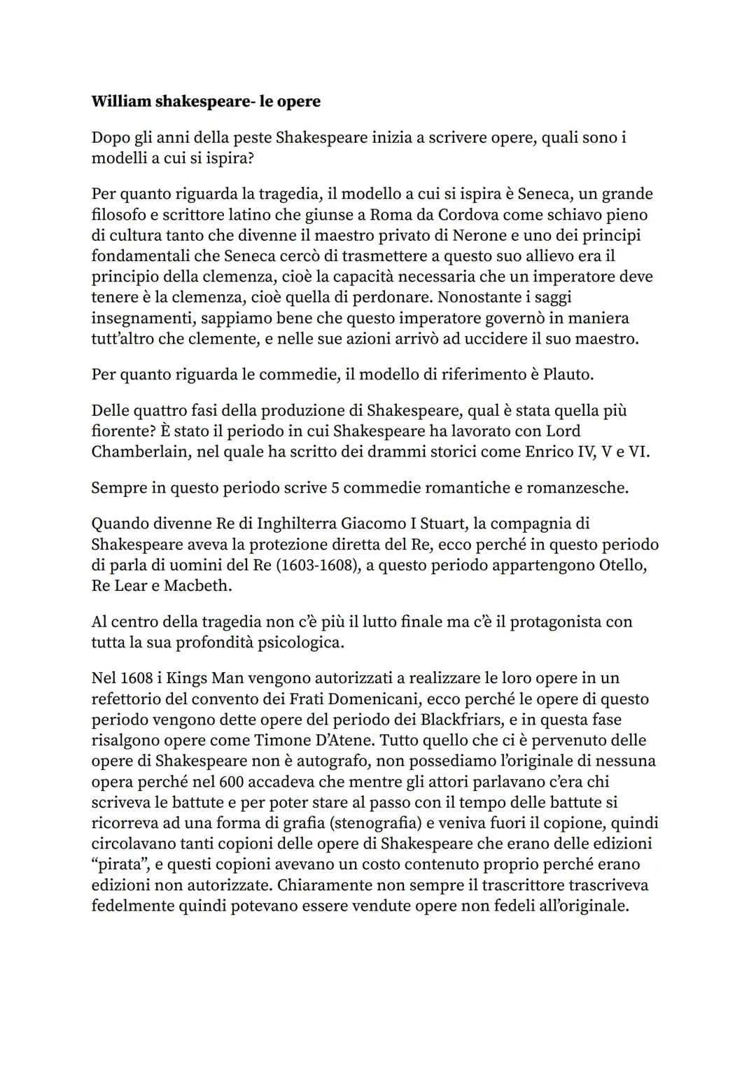 William shakespeare- le opere
Dopo gli anni della peste Shakespeare inizia a scrivere opere, quali sono i
modelli a cui si ispira?
Per quant