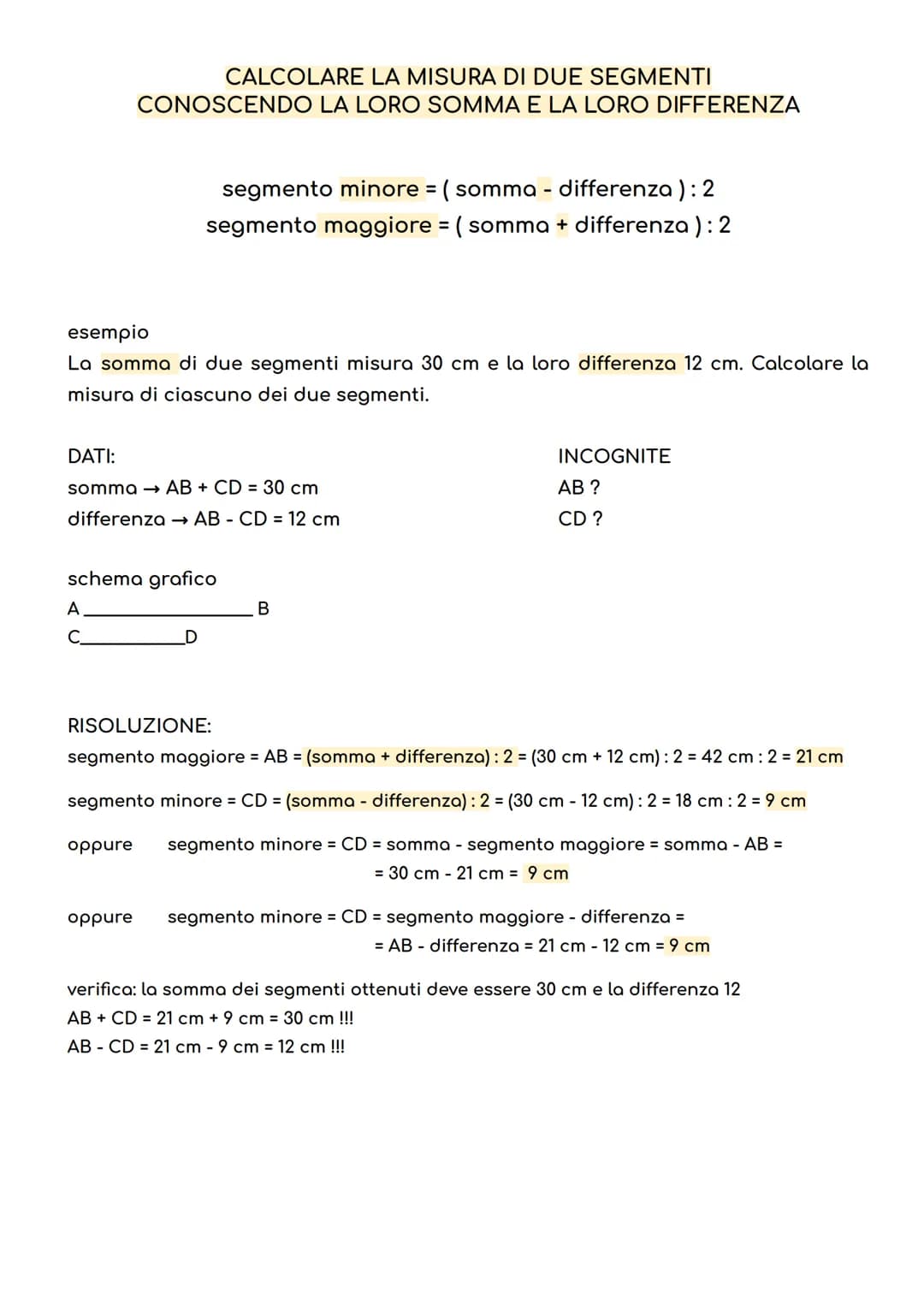 CALCOLARE LA MISURA DI DUE SEGMENTI
CONOSCENDO LA LORO SOMMA E LA LORO DIFFERENZA
segmento minore = (somma - differenza): 2
segmento maggior