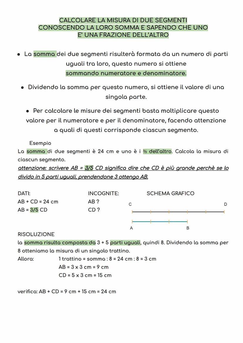 CALCOLARE LA MISURA DI DUE SEGMENTI
CONOSCENDO LA LORO SOMMA E LA LORO DIFFERENZA
segmento minore = (somma - differenza): 2
segmento maggior