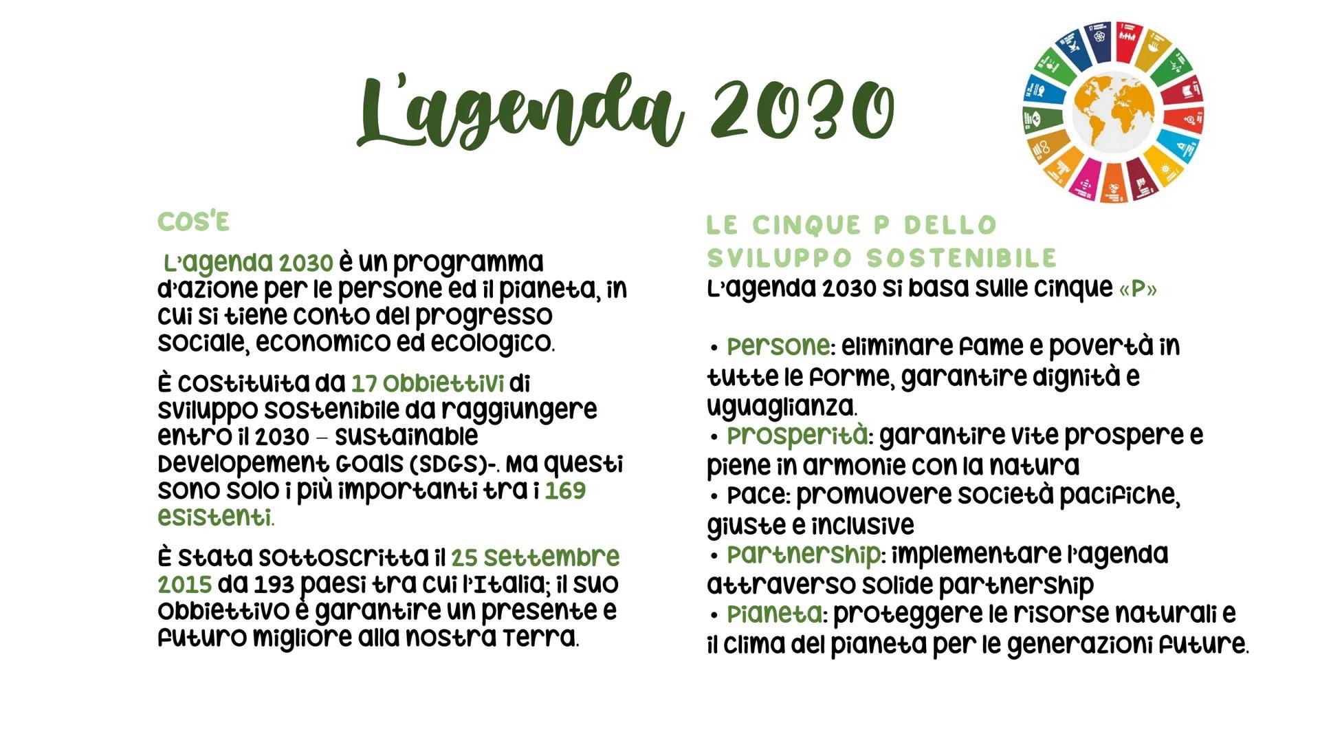 # L'agenda 2030

COS'E

L'agenda 2030 è un programma
d'azione per le persone ed il pianeta, in
cui si tiene conto del progresso
sociale, eco