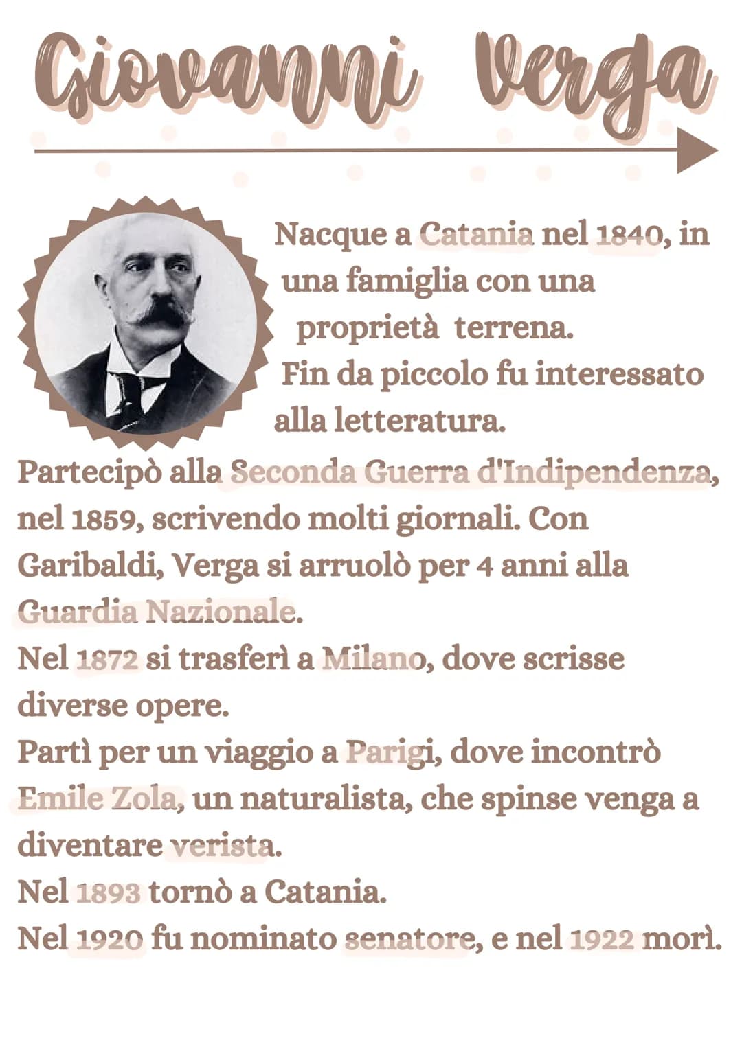 Giovanni Verga
Nacque a Catania nel 1840, in
una famiglia con una
proprietà terrena.
Fin da piccolo fu interessato
alla letteratura.
Parteci