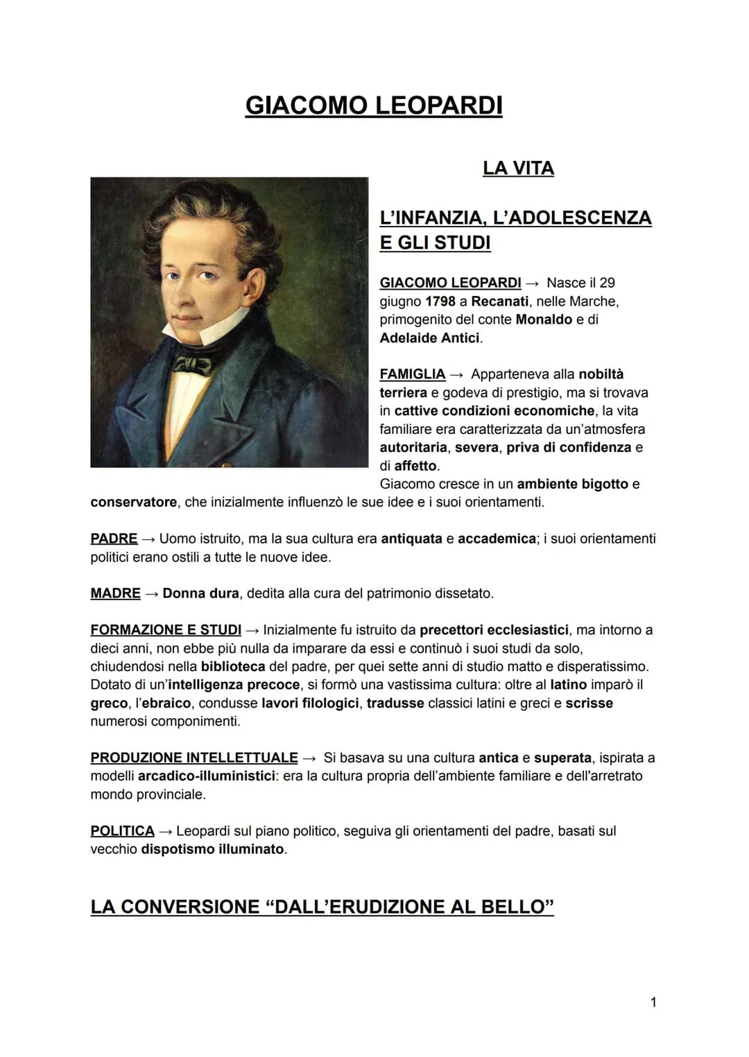 GIACOMO LEOPARDI
LA VITA
L'INFANZIA, L'ADOLESCENZA
E GLI STUDI
GIACOMO LEOPARDI → Nasce il 29
giugno 1798 a Recanati, nelle Marche,
primogen