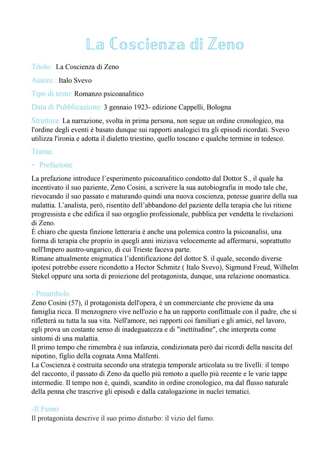 La Coscienza di Zeno
Titolo: La Coscienza di Zeno
Autore Italo Svevo
Tipo di testo: Romanzo psicoanalitico
Data di Pubblicazione: 3 gennaio 