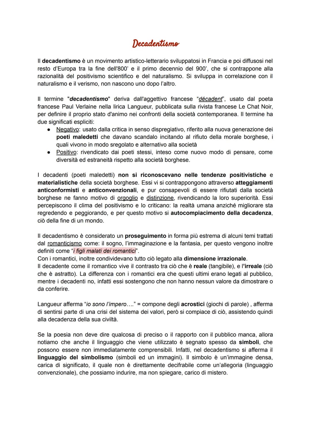 Decadentismo
Il decadentismo è un movimento artistico-letterario sviluppatosi in Francia e poi diffusosi nel
resto d'Europa tra la fine dell