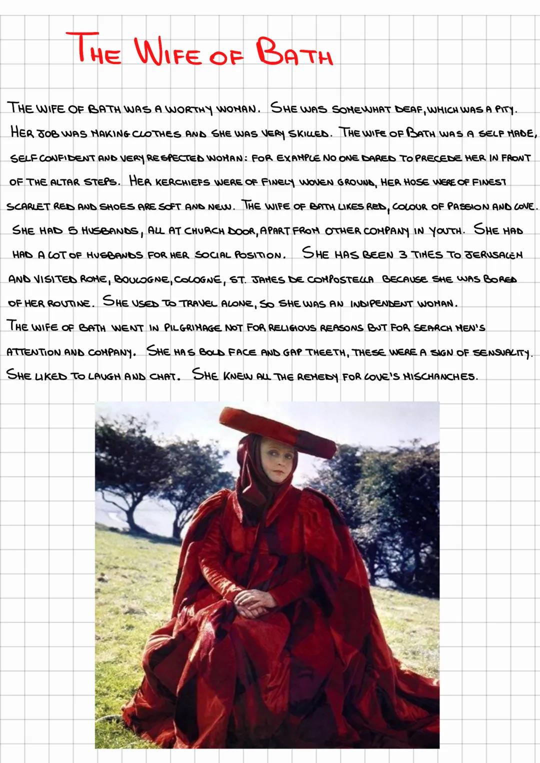 # THE WIFE OF BATH

THE WIFE OF BATH WAS A WORTHY WOMAN. SHE WAS SOMEWHAT DEAF, WHICH WAS A PITY.
HER JOB WAS MAKING CLOTHES AND SHE WAS VER