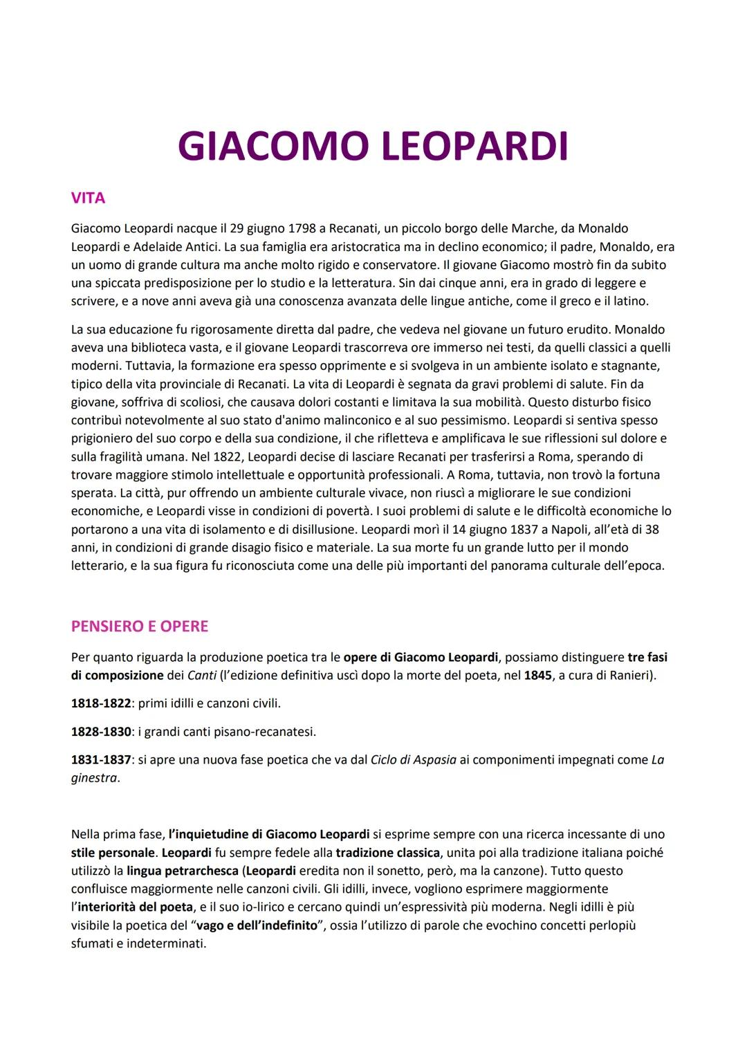 GIACOMO LEOPARDI
VITA
Giacomo Leopardi nacque il 29 giugno 1798 a Recanati, un piccolo borgo delle Marche, da Monaldo
Leopardi e Adelaide An