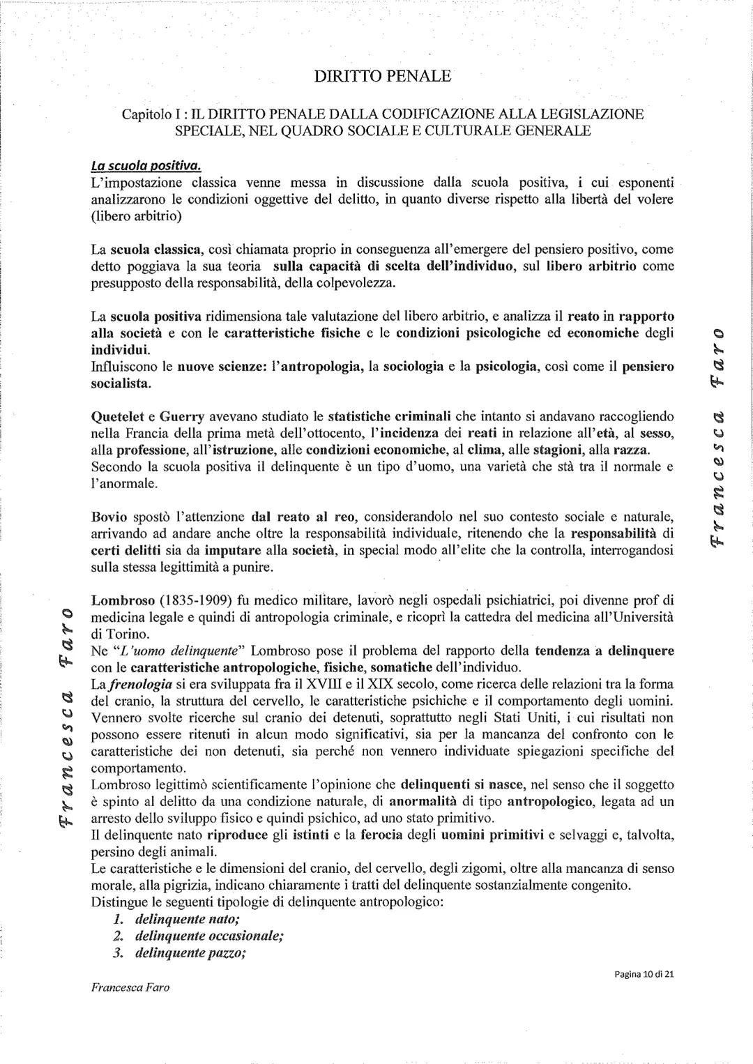 Faro
Francesca
DIRITTO PENALE
Capitolo I: IL DIRITTO PENALE DALLA CODIFICAZIONE ALLA LEGISLAZIONE
SPECIALE, NEL QUADRO SOCIALE E CULTURALE G