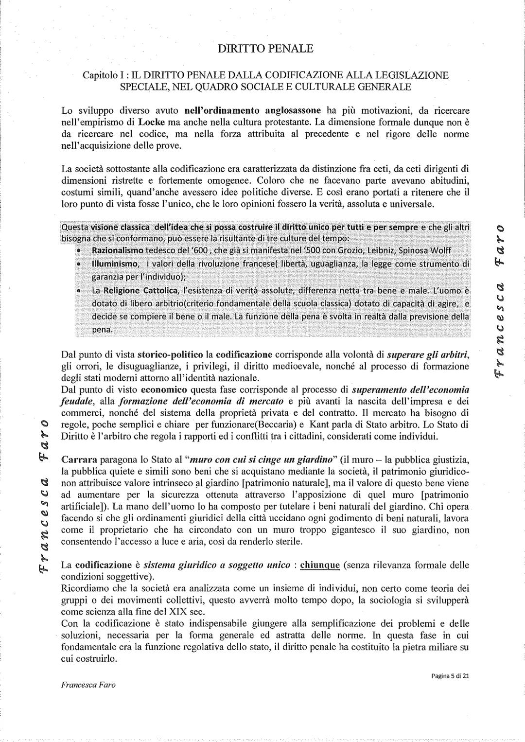 Faro
Francesca
DIRITTO PENALE
Capitolo I: IL DIRITTO PENALE DALLA CODIFICAZIONE ALLA LEGISLAZIONE
SPECIALE, NEL QUADRO SOCIALE E CULTURALE G