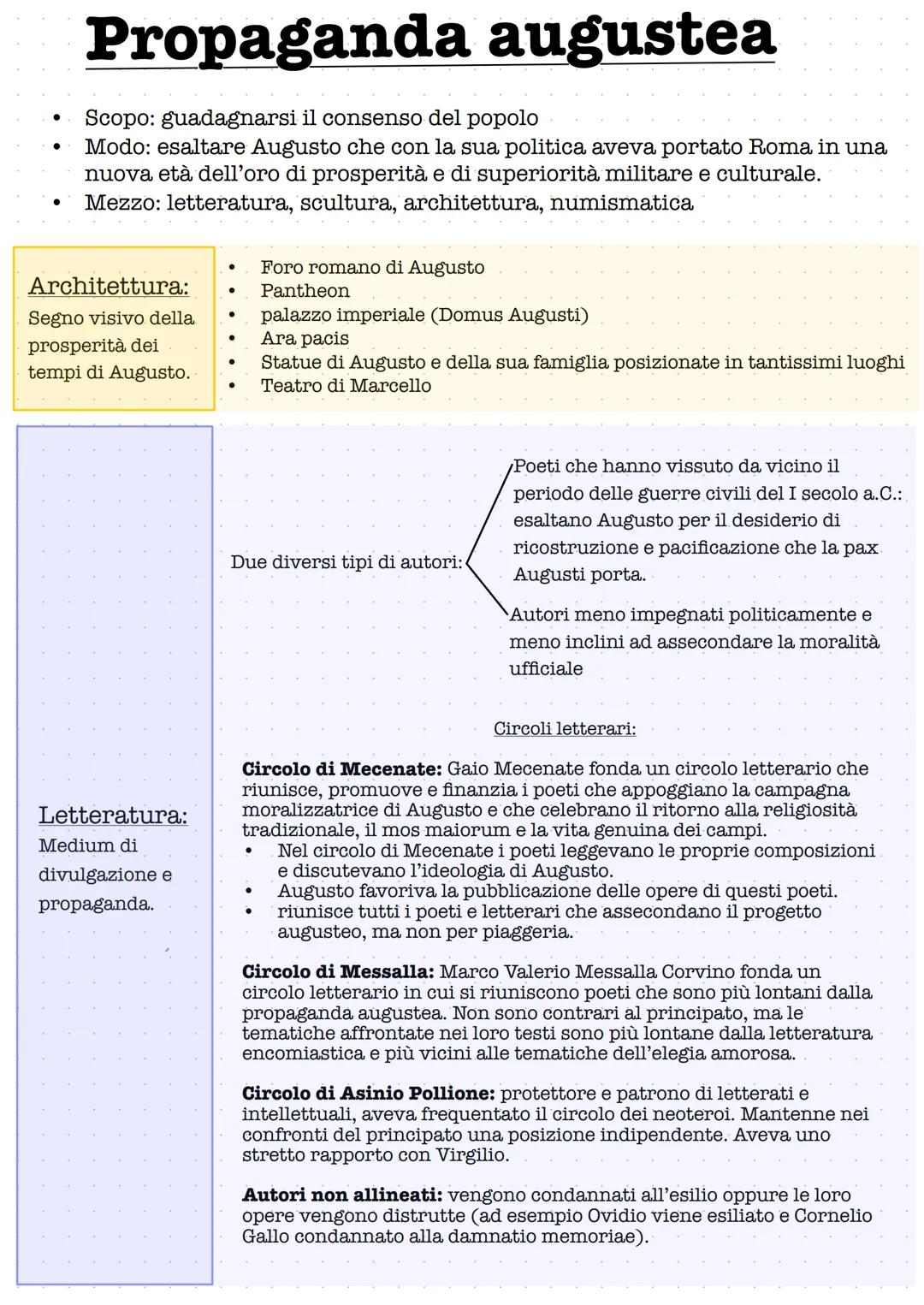 ●
Propaganda augustea
Scopo: guadagnarsi il consenso del popolo
Modo: esaltare Augusto che con la sua politica aveva portato Roma in una
nuo