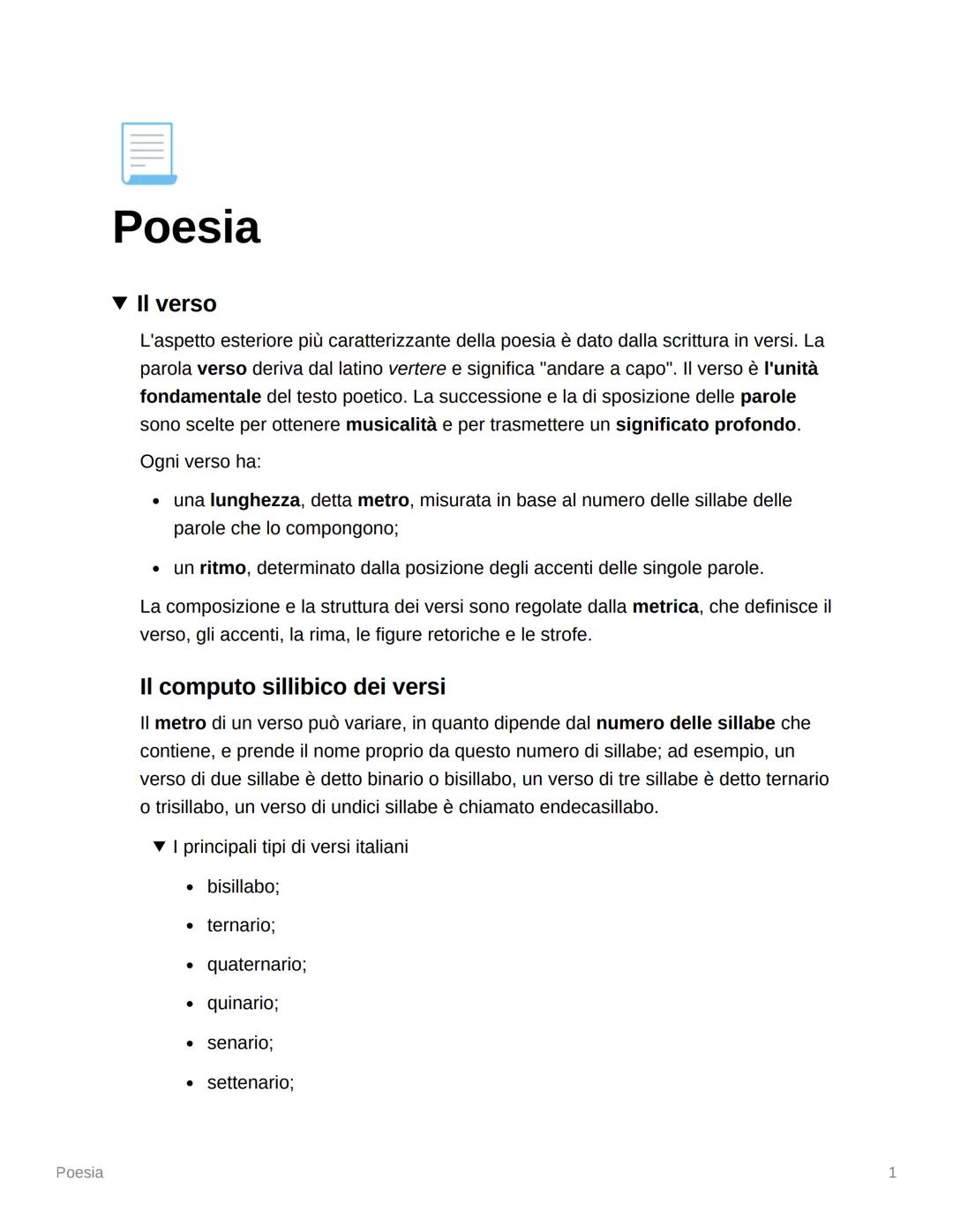 Poesia
Poesia
▼ Il verso
L'aspetto esteriore più caratterizzante della poesia è dato dalla scrittura in versi. La
parola verso deriva dal la