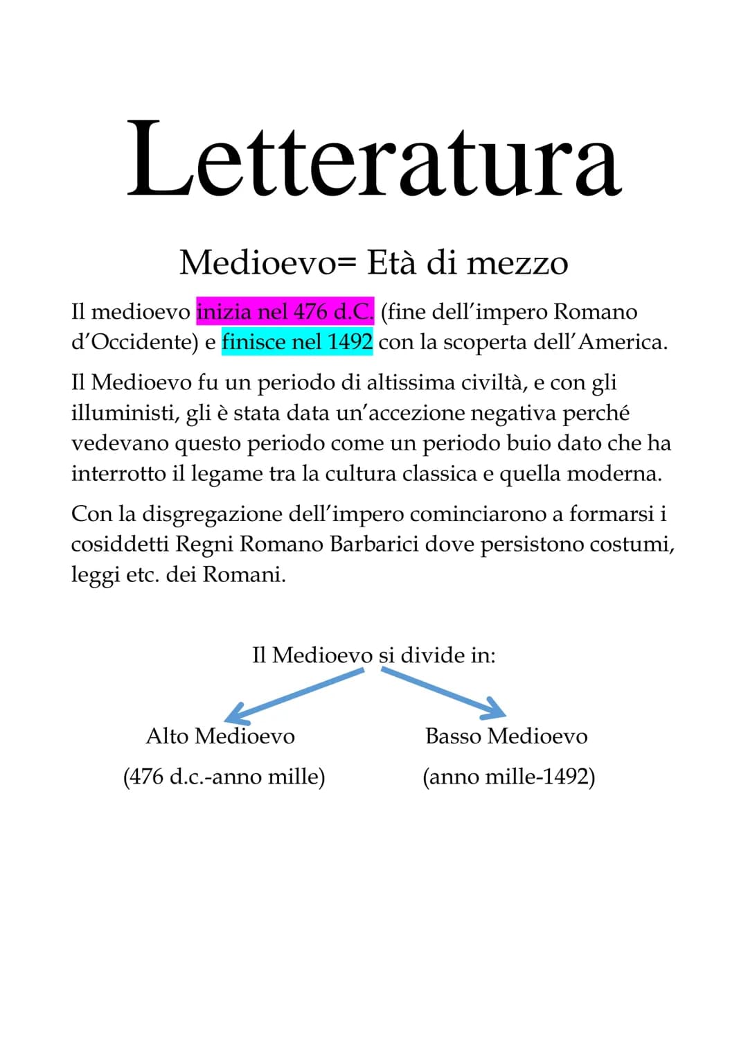 Letteratura
Medioevo= Età di mezzo
Il medioevo inizia nel 476 d.C. (fine dell'impero Romano
d'Occidente) e finisce nel 1492 con la scoperta 