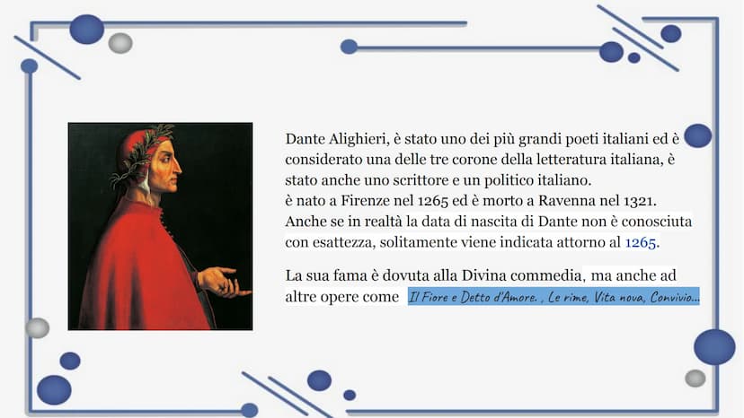 Dante
la sua
biografia
pixel Dante Alighieri, è stato uno dei più grandi poeti italiani ed è
considerato una delle tre corone della letterat