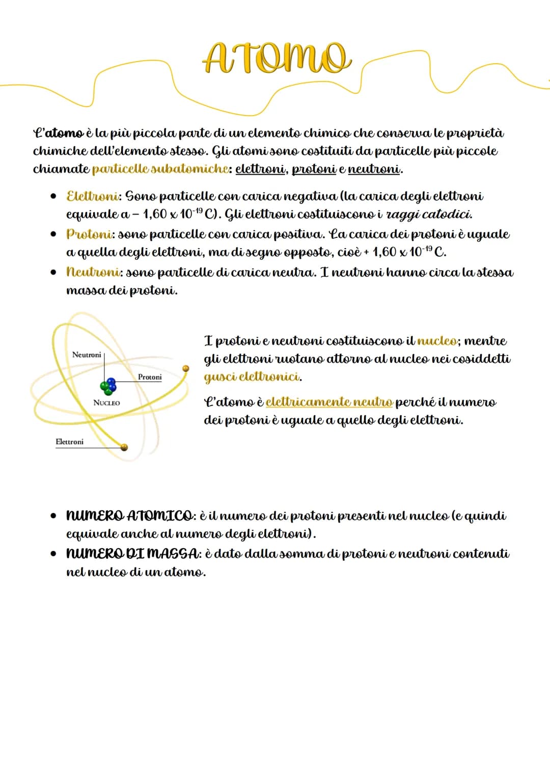 ATOMO
L'atomo è la più piccola parte di un elemento chimico che conserva le proprietà
chimiche dell'elemento stesso. Gli atomi sono costitui