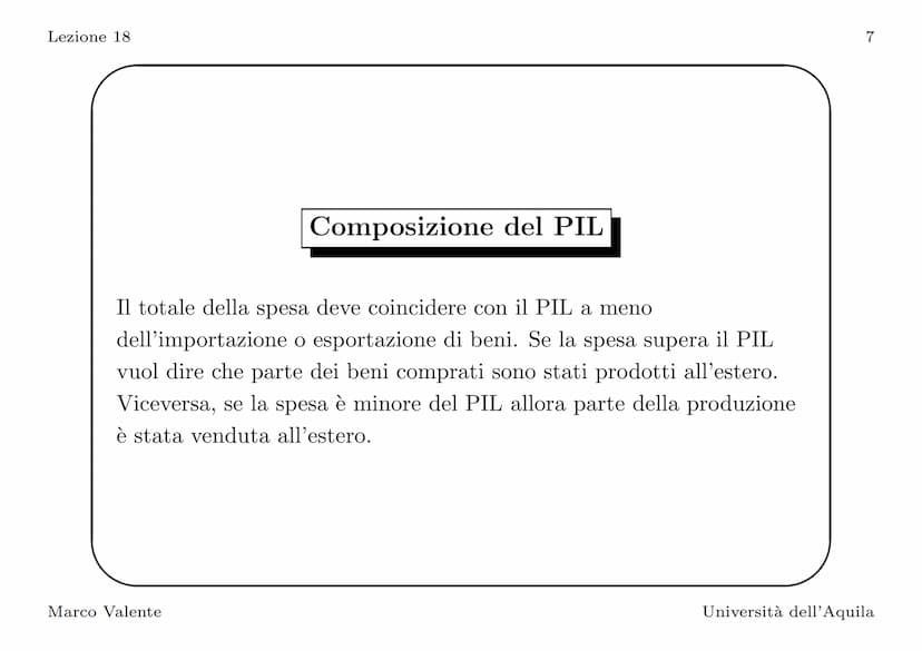 Lezione 18
Introduzione
In questa lezione vediamo come si misura il PIL, l'indicatore
principale del livello di attività economica. La defin