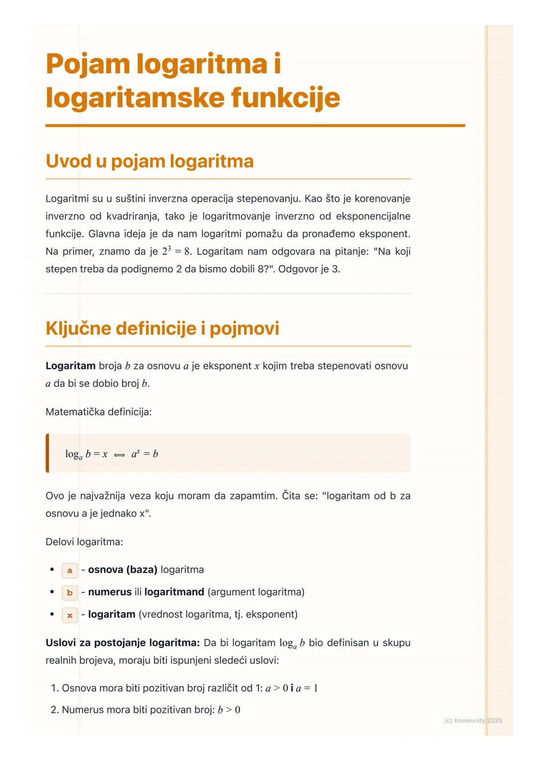 # Pojam logaritma i
logaritamske funkcije

Uvod u pojam logaritma

Logaritmi su u suštini inverzna operacija stepenovanju. Kao što je koreno