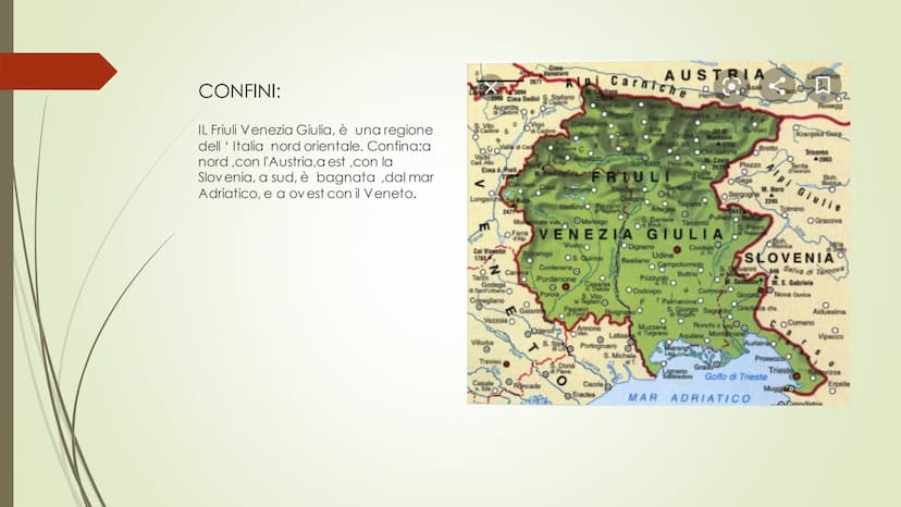 II FRIULI-VENEZIA- GIULIA.
Autore: Cimmino
Alessio. CONFINI:
IL Friuli Venezia Giulia, è una regione
dell'Italia nord orientale. Confina:a
n