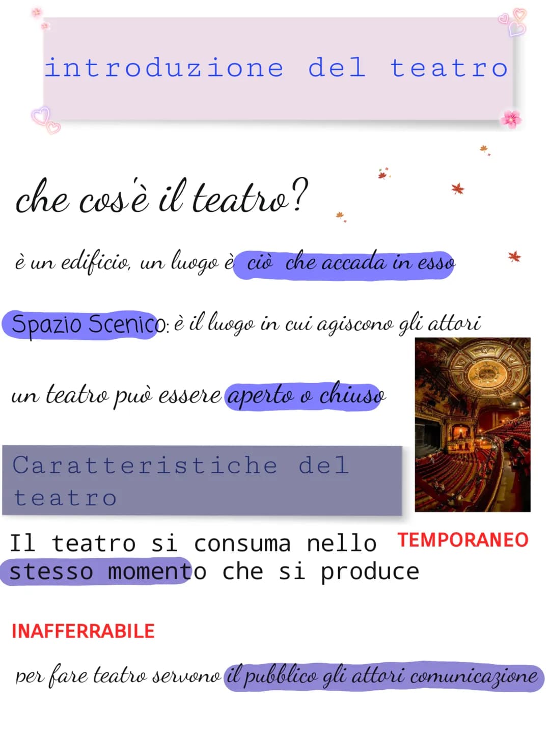 introduzione del teatro
che cos'è il teatro?
è un edificio, un luogo è ciò che accada in esso
Spazio Scenico: è il luogo in cui agiscono gli