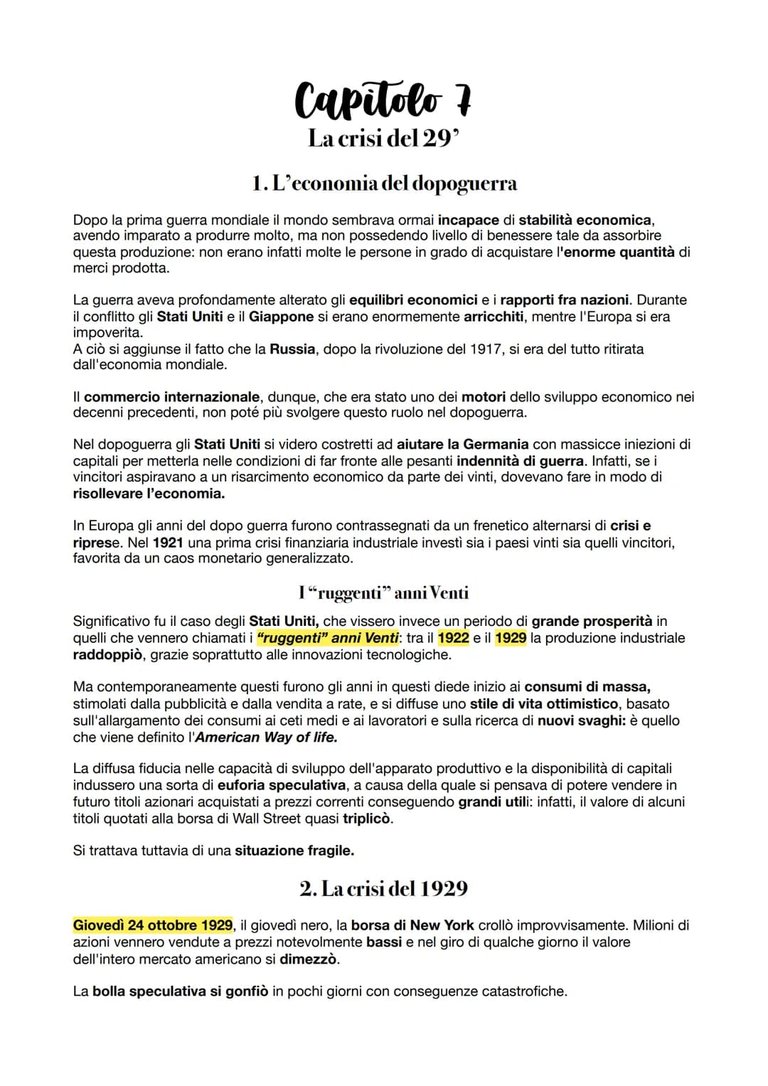 Capitolo 7
La crisi del 29'
1. L'economia del dopoguerra
Dopo la prima guerra mondiale il mondo sembrava ormai incapace di stabilità economi