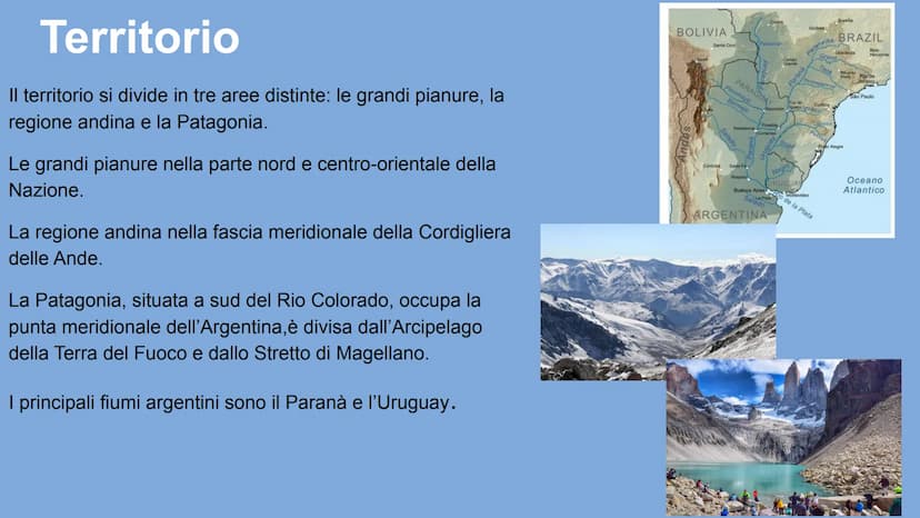 Argentina Confini
W
È lo Stato più vasto tra quelli
dell'America Meridionale.
Confina:
a Ovest e a Sud con il Cile;
a Nord con la Bolivia e 
