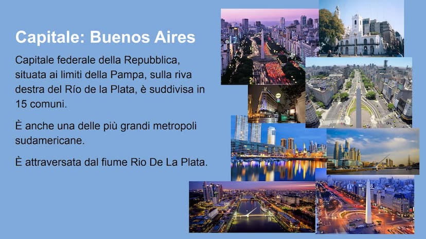 Argentina Confini
W
È lo Stato più vasto tra quelli
dell'America Meridionale.
Confina:
a Ovest e a Sud con il Cile;
a Nord con la Bolivia e 