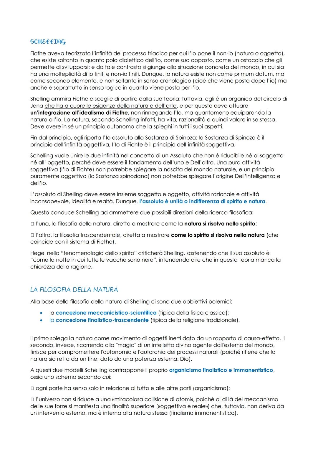 SCHELLING
Ficthe aveva teorizzato l'infinità del processo triadico per cui l'lo pone il non-io (natura o oggetto),
che esiste soltanto in qu