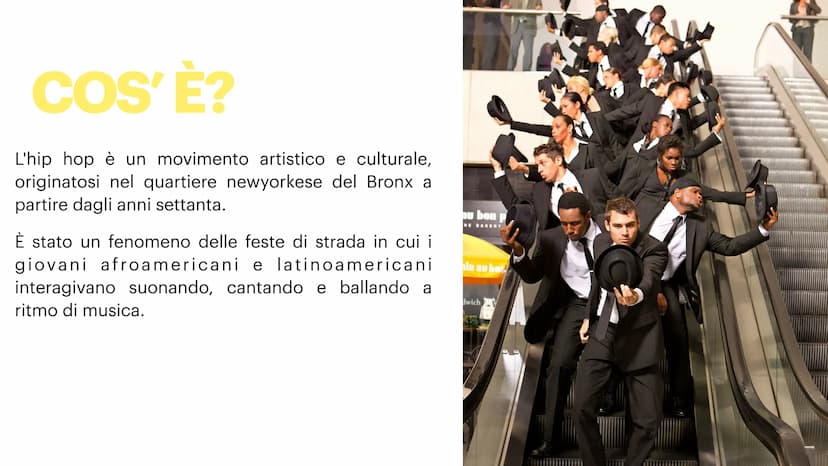 L'HIP HOP! COS'È?
L'hip hop è un movimento artistico e culturale,
originatosi nel quartiere newyorkese del Bronx a
partire dagli anni settan