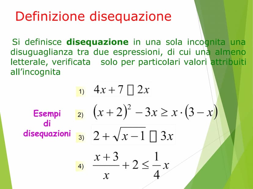 LE DISEQUAZIONI DI
PRIMO GRADO Contenuti
Disequazioni: definizione, soluzioni, grado
Classificazione
Disequazioni equivalenti
Principi di eq