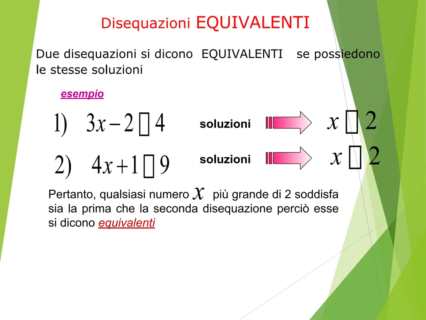 LE DISEQUAZIONI DI
PRIMO GRADO Contenuti
Disequazioni: definizione, soluzioni, grado
Classificazione
Disequazioni equivalenti
Principi di eq