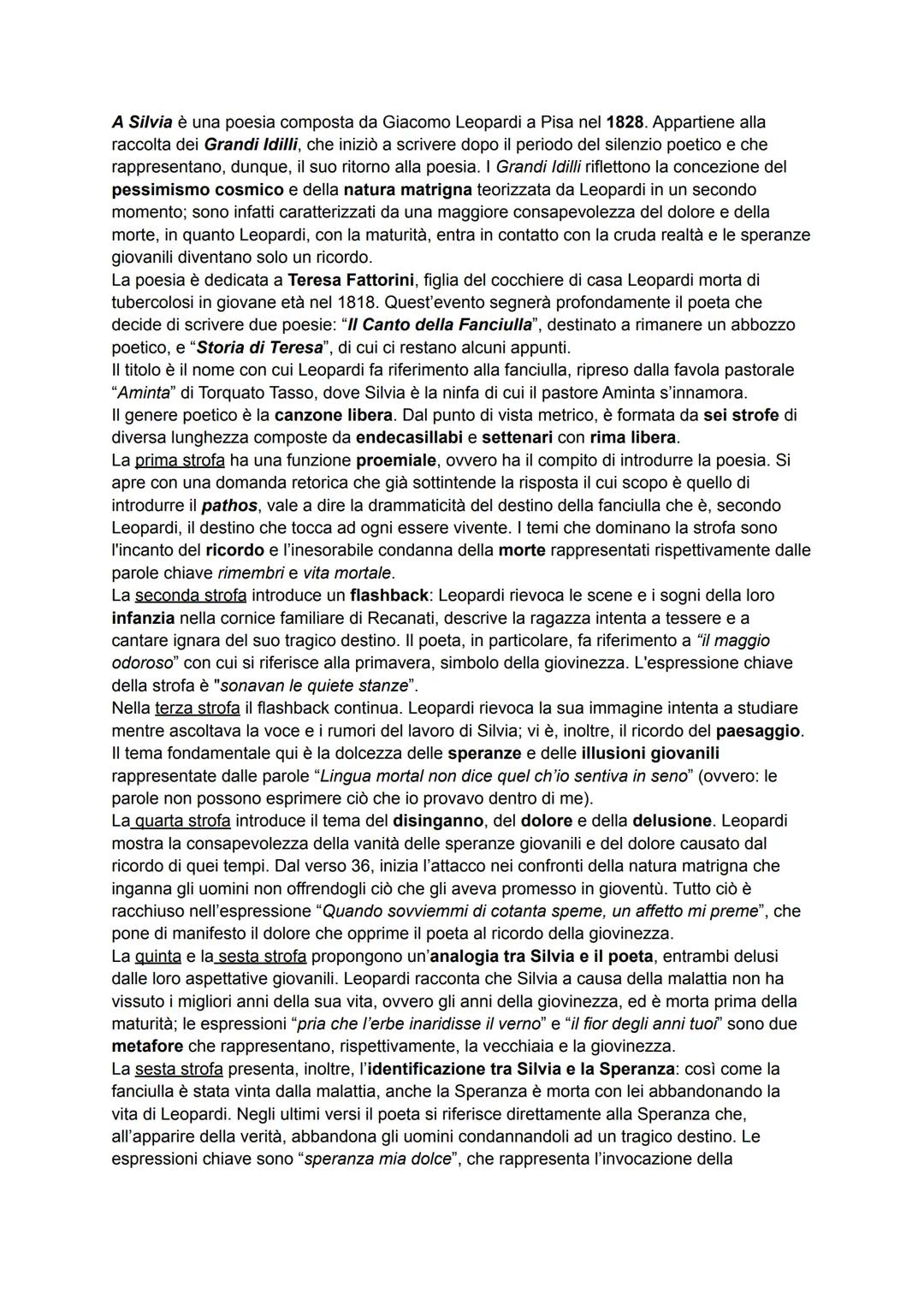 A Silvia è una poesia composta da Giacomo Leopardi a Pisa nel 1828. Appartiene alla
raccolta dei Grandi Idilli, che iniziò a scrivere dopo i