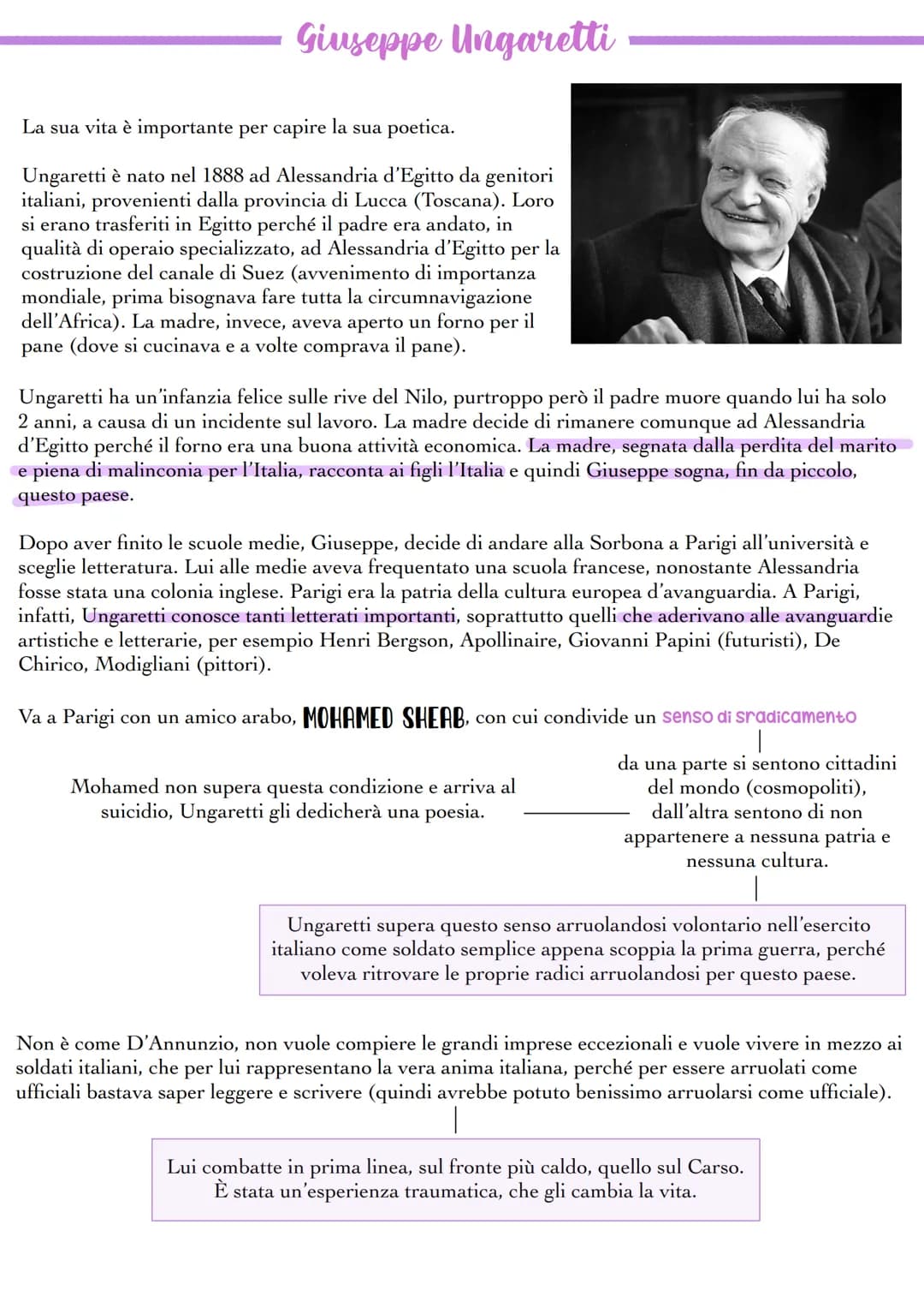 Poetica
È una poetica nuova, diversa da quella di D'Annunzio, che ci ha riempito di parole, mentre
Ungaretti scrive versi molto brevi, ma tu