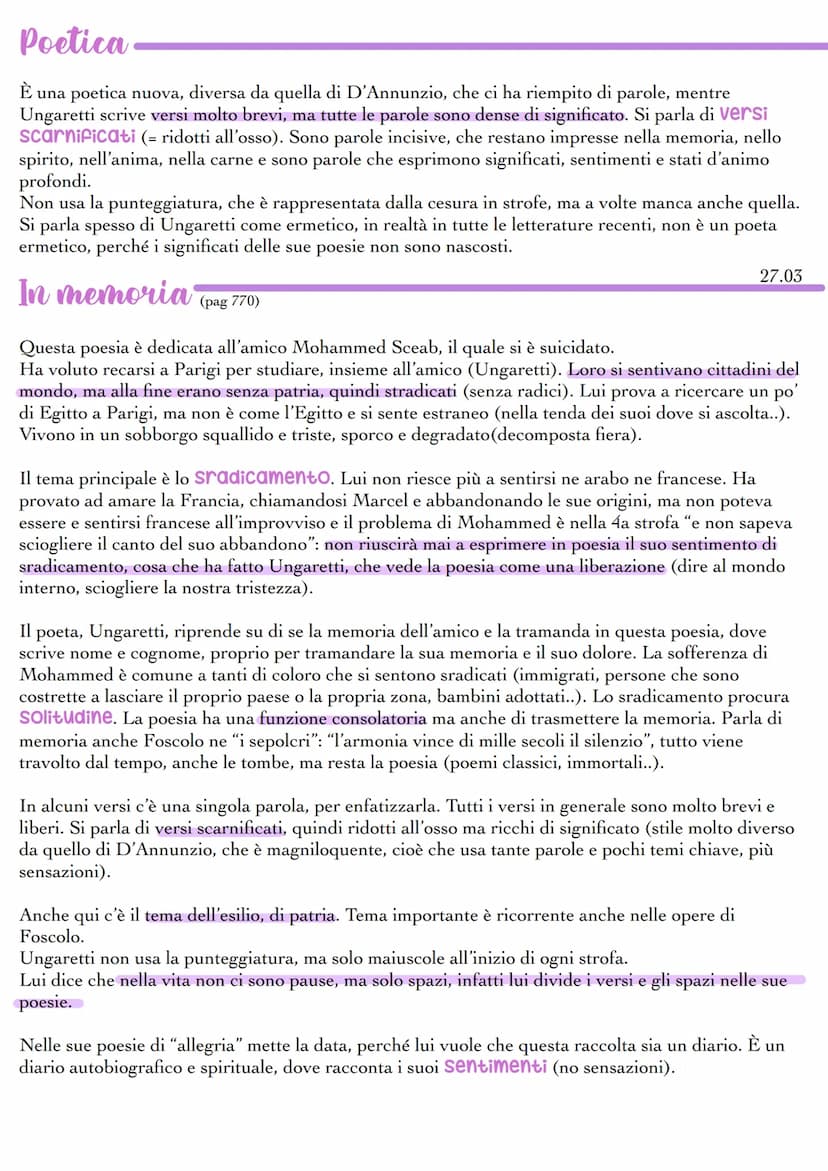 Poetica
È una poetica nuova, diversa da quella di D'Annunzio, che ci ha riempito di parole, mentre
Ungaretti scrive versi molto brevi, ma tu