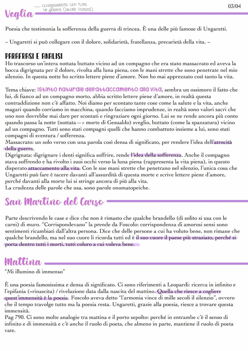 Poetica
È una poetica nuova, diversa da quella di D'Annunzio, che ci ha riempito di parole, mentre
Ungaretti scrive versi molto brevi, ma tu