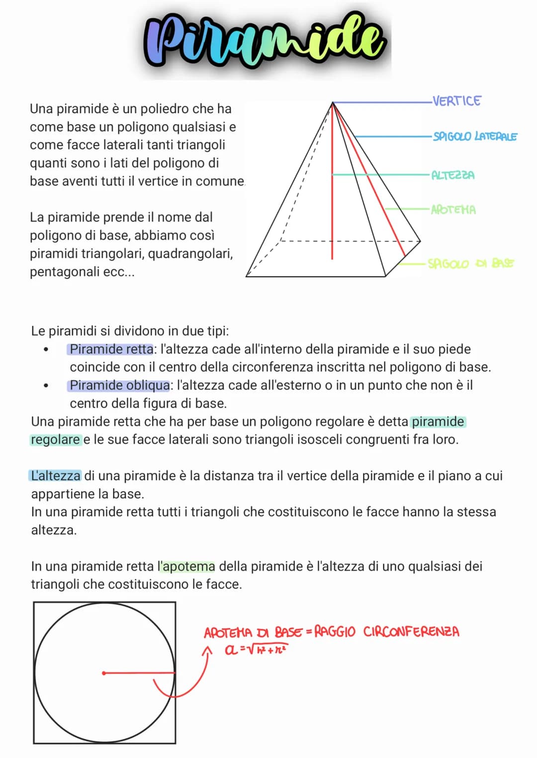 Piramide
Una piramide è un poliedro che ha
come base un poligono qualsiasi e
come facce laterali tanti triangoli
quanti sono i lati del poli