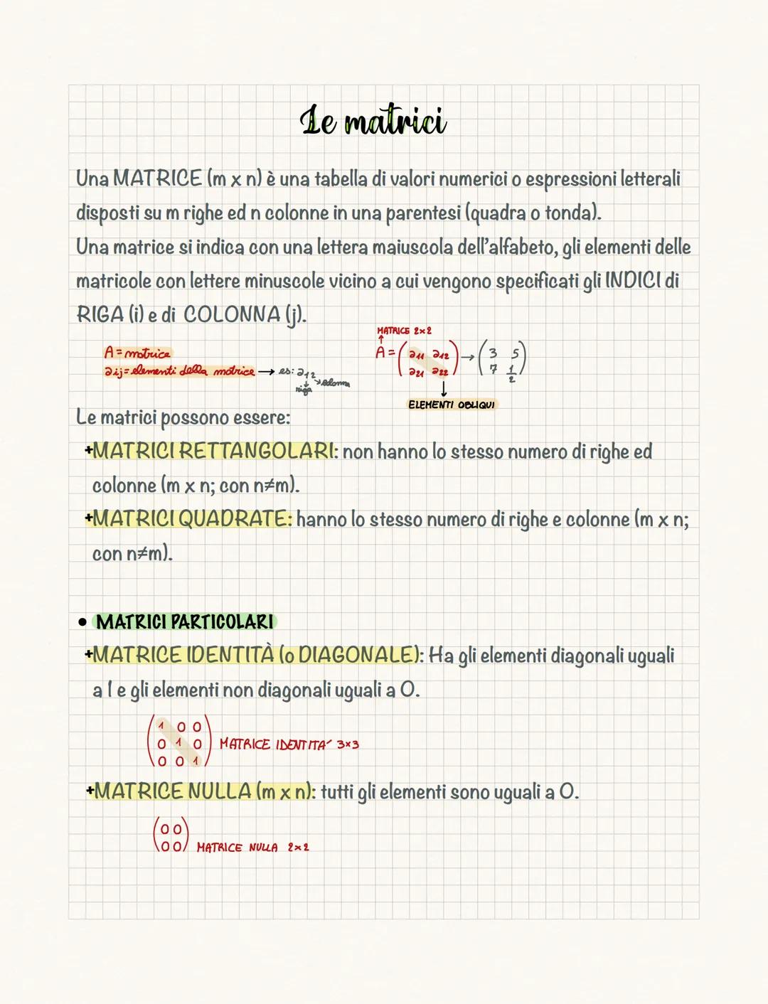 Le matrici
Una MATRICE (m x n) è una tabella di valori numerici o espressioni letterali
disposti su m righe ed n colonne in una parentesi (q