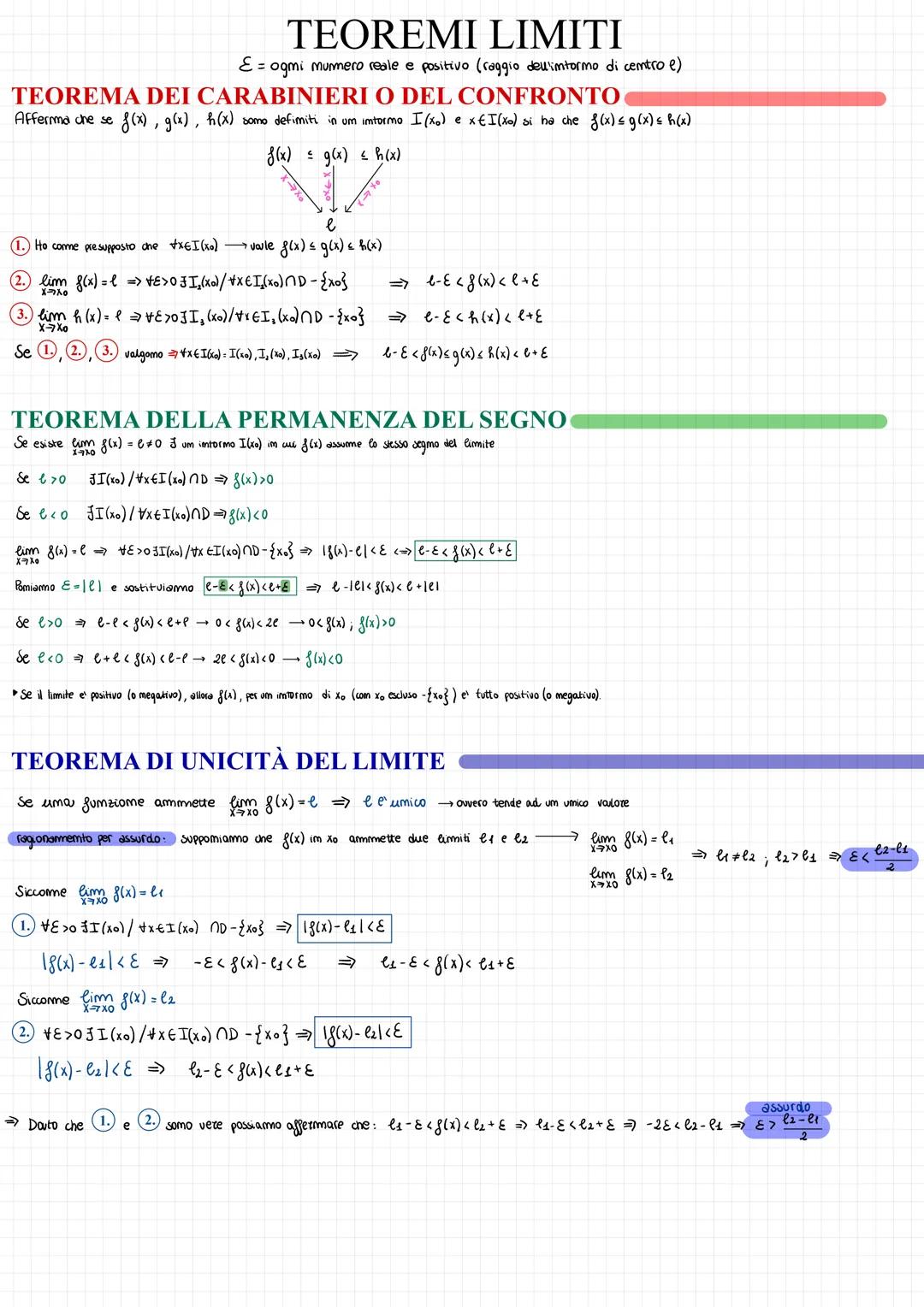 # TEOREMI LIMITI

E = ogmi mumero reale e positivo (raggio delimtormo di centro e)

# TEOREMA DEI CARABINIERI O DEL CONFRONTO

Afferma che s
