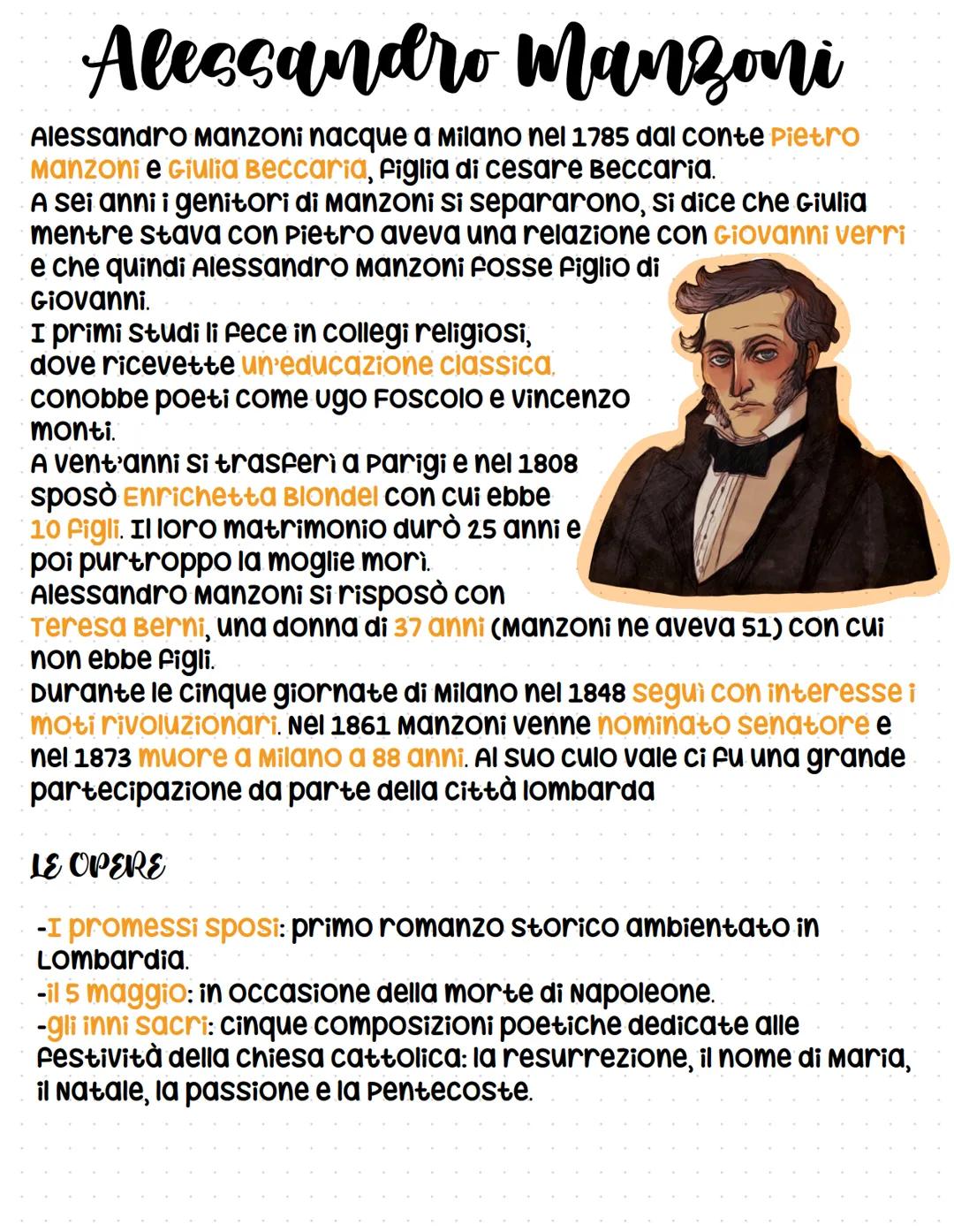 Alessandro Manzoni
Alessandro Manzoni nacque a Milano nel 1785 dal conte Pietro
Manzoni e Giulia Beccaria, figlia di cesare Beccaria.
A sei 
