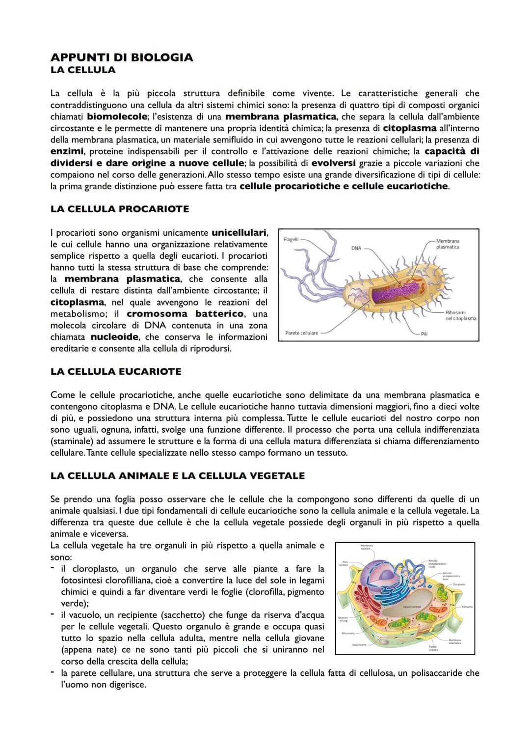 APPUNTI DI BIOLOGIA
LA CELLULA
La cellula è la più piccola struttura definibile come vivente. Le caratteristiche generali che
contraddisting