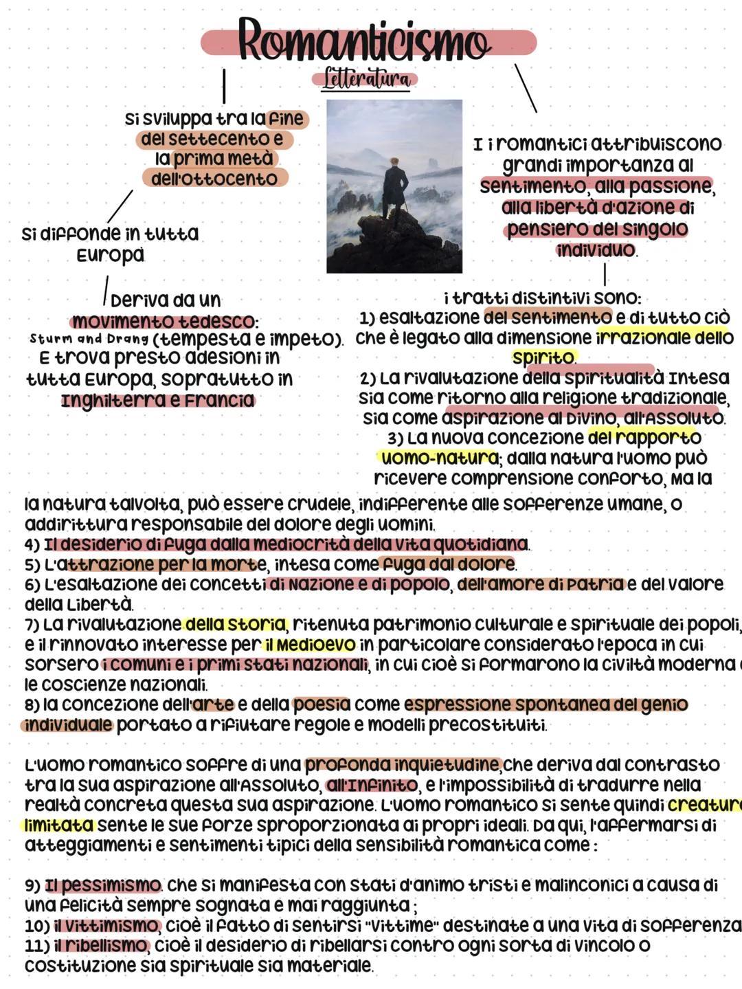 Romanticismo
Letteratura
Si sviluppa tra la fine
del settecento e
la prima metà
dell'Ottocento
Si diffonde in tutta
Europa
Deriva da un
movi