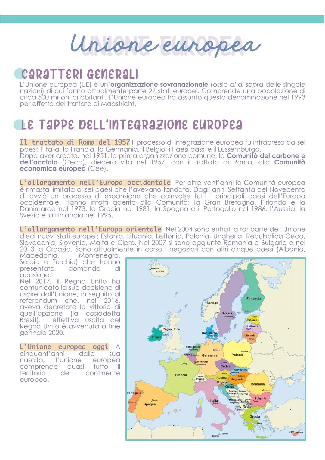 Unione europea
CARATTERI GENERALI
L'Unione europea (UE) è un'organizzazione sovranazionale (ossia al di sopra delle singole
nazioni) di cui 