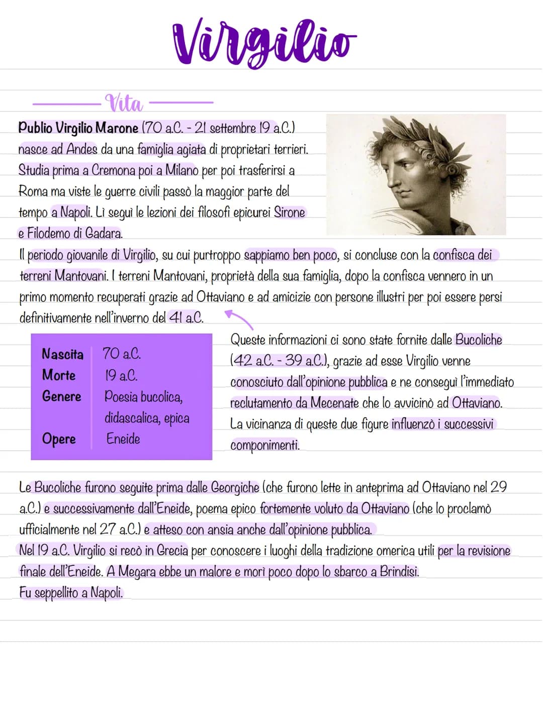 ・Vita
Publio Virgilio Marone (70 a.C. - 21 settembre 19 a.C.)
nasce ad Andes da una famiglia agiata di proprietari terrieri.
Studia prima a 