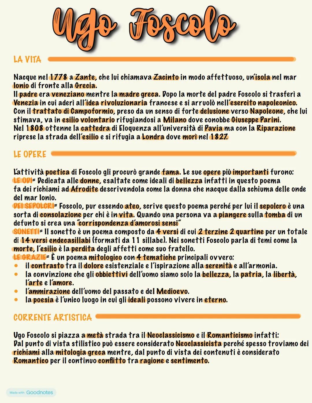 Ngo Foscolo
LA VITA
Nacque nel 1778 a Zante, che lui chiamava Zacinto in modo affettuoso, un'isola nel mar
lonio di fronte alla Grecia.
Il p