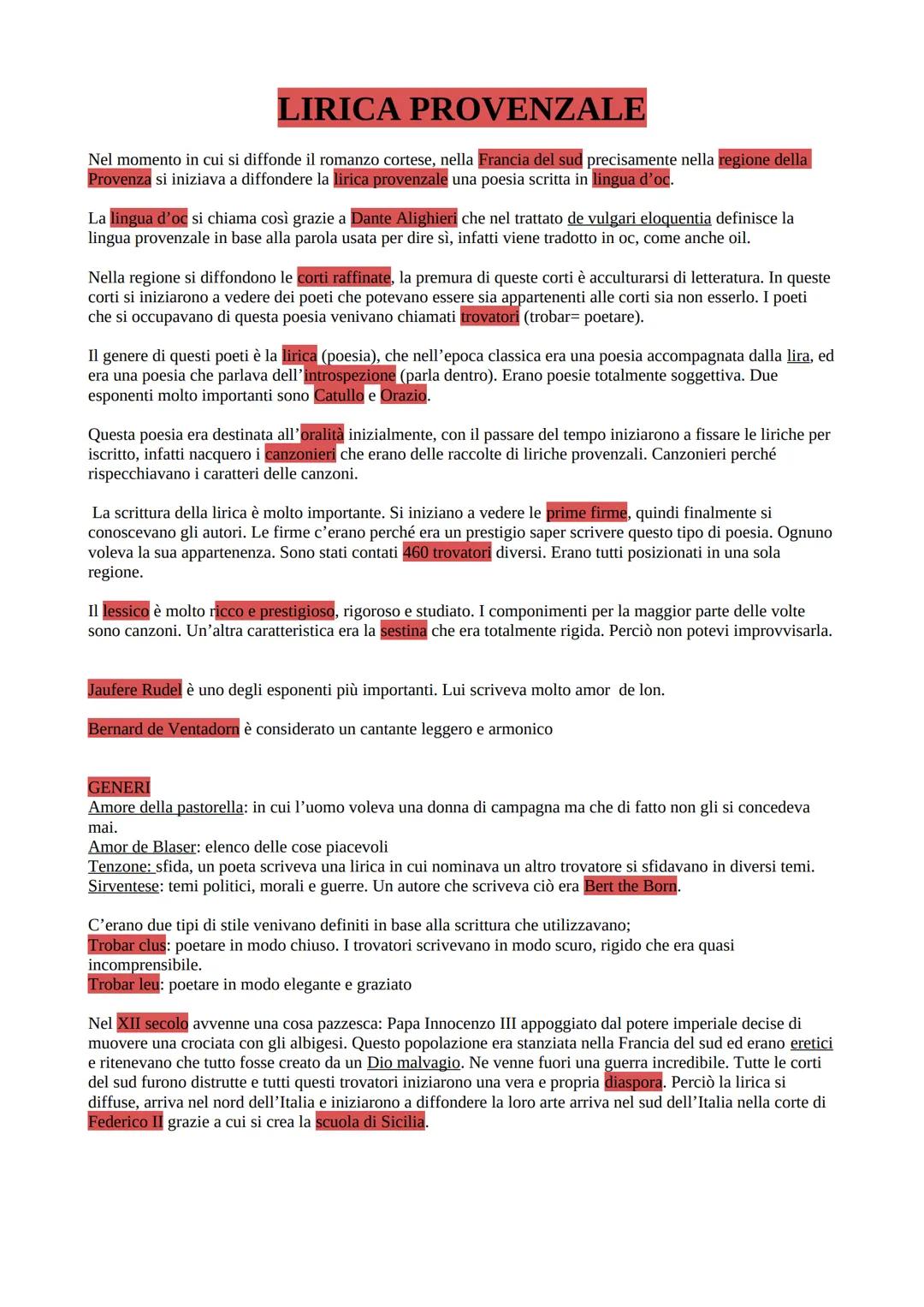 LIRICA PROVENZALE
Nel momento in cui si diffonde il romanzo cortese, nella Francia del sud precisamente nella regione della
Provenza si iniz